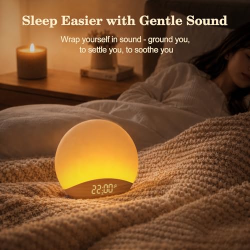 Image of REACHER Wood Grain Sunrise Alarm Clock and Sound Machine Nightlight, Digital Dimmable Clock for Bedroom, 26 Sleep Sounds, White Noise Machine for Baby, Adults, Wake Up Light Alarm Clock for Kids | Digital Dimmable Clock for Bedroom, 26 Sleep Sounds, White Noise Machine for Baby, Adults, Wake Up Light Alarm Clock for Kids