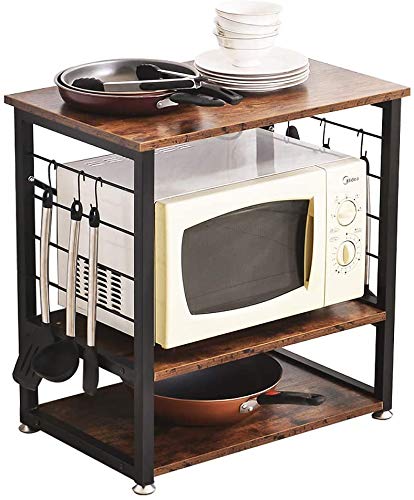 INDIAN DECOR. 3 Tier Matte Finish Microwave Rack with Storage with Metal Frame and 6 Hooks Made in India - Vintage Brown46450