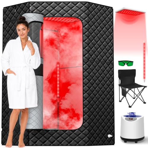 Portable Home Infrared Sauna Box 2-Panel Red Light Steam Sauna Tent Personal Full Body Steam Room with Dual 660nm & 880nm Red Light Therapy Lamp 3L 1200W Steamer Folding Chair Extra Large