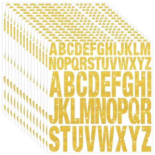 15 Sheets Gold Letter Stickers 780 Pcs Glitter Capital Letters Large Self-Adhesive Vinyl Alphabet Stickers Stick on Letters for Mailbox Water Bottles Bulletin Board Craft Decor (Gold,1 Inch 2 Inch)