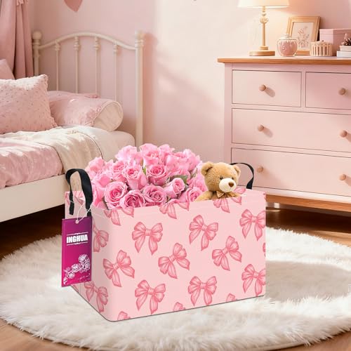Image of Rectangular Storage Basket Fabric Organizer Bin for Toys,Books,Clothes,Gifts,Pets-Perfect for Home,Office,Nursery,Dorm,Shelf(Rec-Pink bowknots )