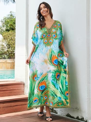 Image of IMAGEKOPE Women's Plus Size Loose Fit Moroccan Print V-Neck Batwing Kaftan Beach Dress Bathing Suit Cover Up
