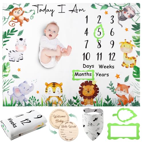 Image of Baby Milestone Blanket for Baby Boy, Animals Baby Monthly Milestone Blanket Safari Baby Growth Blanket Newborn Photography Background with Wooden Signs, Frames, Bandana