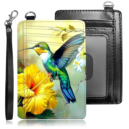 BREIDMKFM Credit Card Holder Slim Wallet,RFID Wallet Women Front Pocket Small Card Holder Travel Cute Thin Minimalist Card Case Leather Flat Wallet with ID Window&Wrist Strap,Hummingbird Flower
