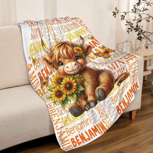 Image of Cute Highland Cow Name Blanket, Custom Highland Cow Name Gifts for Boys Girls,Soft Flannel Animal Throw Blanket,40 inchx50 inch for Kids