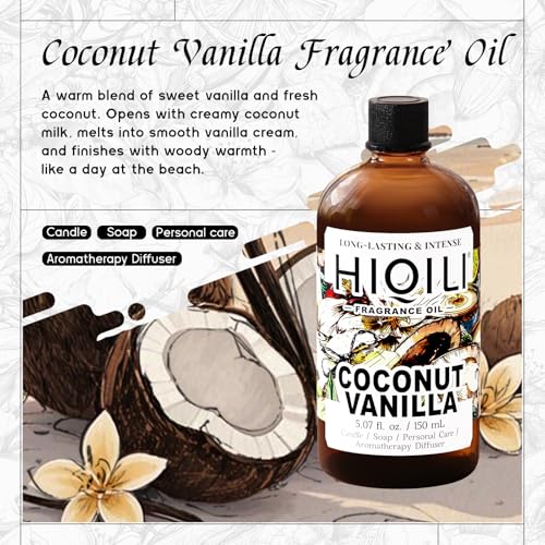 Image of HIQILI Coconut Vanilla Fragrance Oil for Home Diffuser - 5.07 Fl Oz | for Candle & Soap Making Supplies, Essential Oils for Home and Car Humidifier - 150 ML
