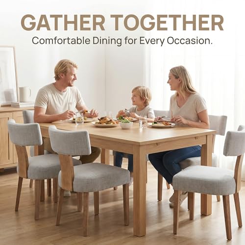 Image of HNY Mid Century Modern Dining Chairs, Farmhouse Linen Fabric Upholstered Accent Chair Curved Backrest Kitchen Chairs Set of 2, with Hardwood Frame, Grey