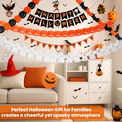 Xyxu Halloween Decorations Indoor Set - Reusable Happy Halloween Decor & Trick or Treat Banners, Ghosts Pumpkin Bat Bunting Garland, Spooky Witch, Skeleton, Spider Hanging Swirl for Party Decorations - Image 7