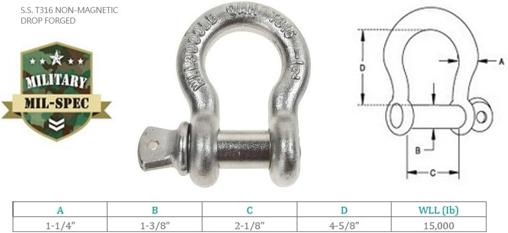Prolinemax Marine T316 Drop Forged Stainless Steel T316 1-1/4" Screw Pin Anchor Shackle 15,000 Lbs WLL