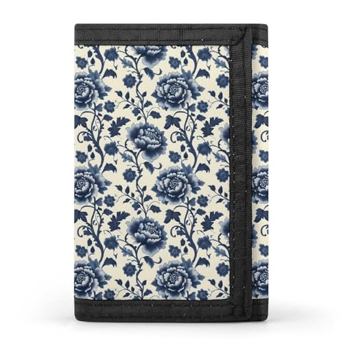 Retro Blue Flowers Print Wallet for Men, 8 Credit Card Holder Slim Minimalist Front Pocket Small Mens Bifold Wallets