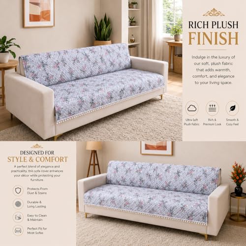 Image of Homerz Premium Printed Quilted Velvet Sofa Slip Cover Protector with Tassels, Sofa Mat, Exact Size, Antislip Cover (Grey Autumn, 6 (3+2+1) Seater, Full)