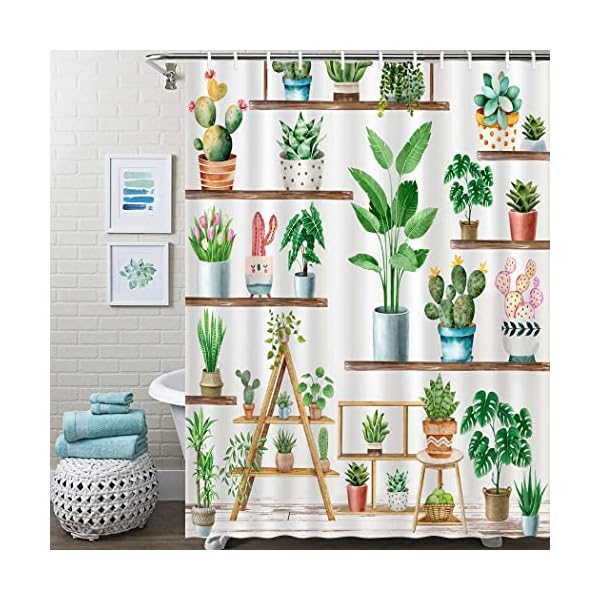Green plant farmhouse shower curtain bohemian potted plant shower curtain for bathroom cactus succulent plant bathtubs decor for bathroom with 12 hooks waterproof polyester fabric 72 x 72  urban country home decor