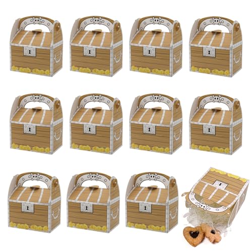 Cofre del Tesoro Pirata 12 Piezas Cofre Pirata Carton con Asa Caja Pirata para Chuches para Fiesta de Cumpleaños Infantil Fiesta Pirata Halloween Decoración(11×7×7cm)
