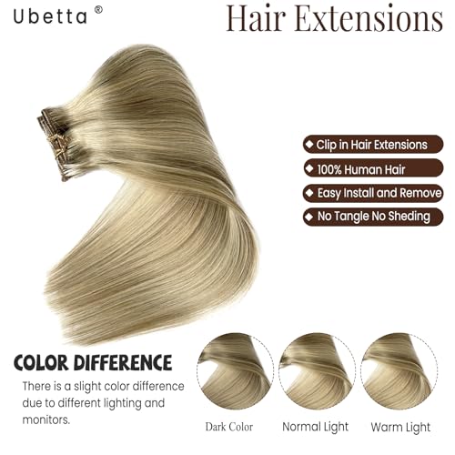 Image of Clip in Hair Extensions Real Human Hair, Ash Blonde Balayage Blonde Highlights Hair Extension Real Human Hair Clip ins 14 Inch 7pcs 70G Double Weft Hair Extensions Human Hair Clip in Extensions