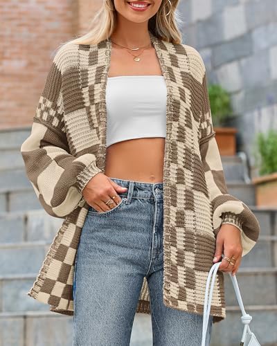 Image of BTFBM Casual Cardigan Sweater for Women Fall 2026 Long Sleeve Open Front Chunky Knit Sweaters Checkered Outwear Coat