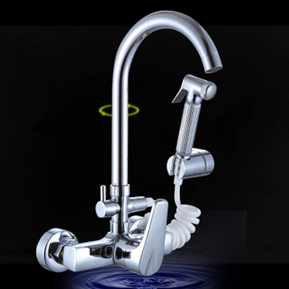 ZYCHSJXA Wall Faucet Kitchen Mixer Three Way Chrome Brass Tap Dual Sprayers Sink Tap,D