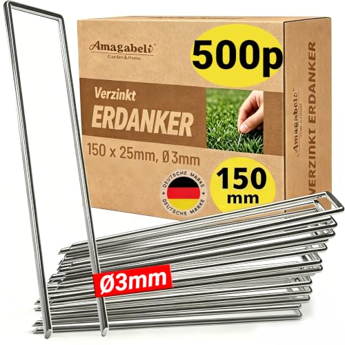 Amagabeli - Juego de 500 estacas de jardín de 6 Pulgadas galvanizadas para asegurar el Control de Malas Hierbas, Grapas de Membrana de diámetro de 3 mm de diámetro, pasadores de césped Resistentes