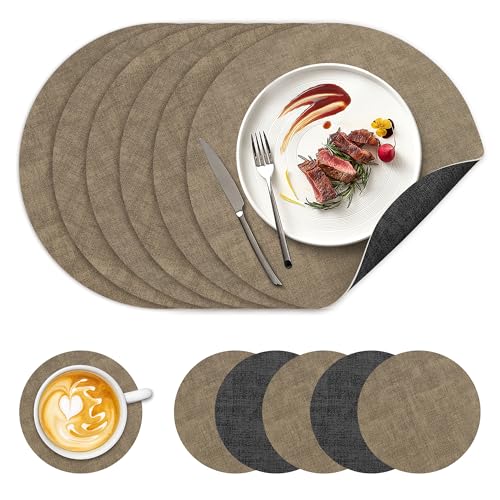 Image of 13 inch Round Placemats Set of 6, NCUE Dual-Sided Faux Leather Heat Resistant Table Mats, Waterproof Oilproof Washable Protective Table Placemats with Coaster, Wipeable Vinyl for Indoor & Outdoor Use