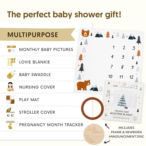Image of Pondering Pine Organic Baby Monthly Milestone Blanket Boy - Growth Age Blanket for 1-12 Months Milestones with Month Marker Frame and Newborn Announcement Disc, Woodland, Bear, 47 inchx47 inch