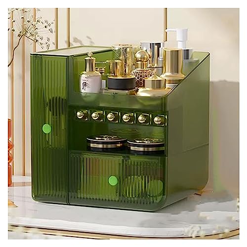 化粧品オーガナイザー 引き出し付きメイクアップオーガナイザー化粧品収納ボックス、口紅、メイクブラシ、ジュエリーに適合、ドレッサー、寝室、バスルーム用のメイクアップ収納ケース(Green)