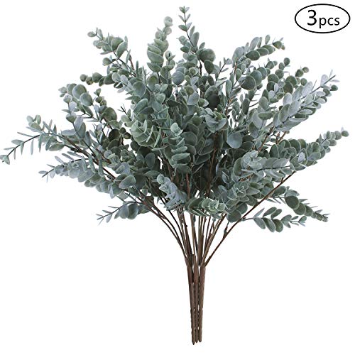OUTLEE Pack of 3 Artificial Eucalyptus Stem Shrub Faux Eucalyptus Leaves Spray Artificial