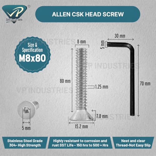 Image of By inchVP INDUSTRIES inch (Pcs-15) M8x80 mm Allen CSK Head Screw Black Zinc Plated High Tensile | Countersunk Screw for Modular Furniture, Wooden Work, Electrical Fittings, DIY & Industrial Use
