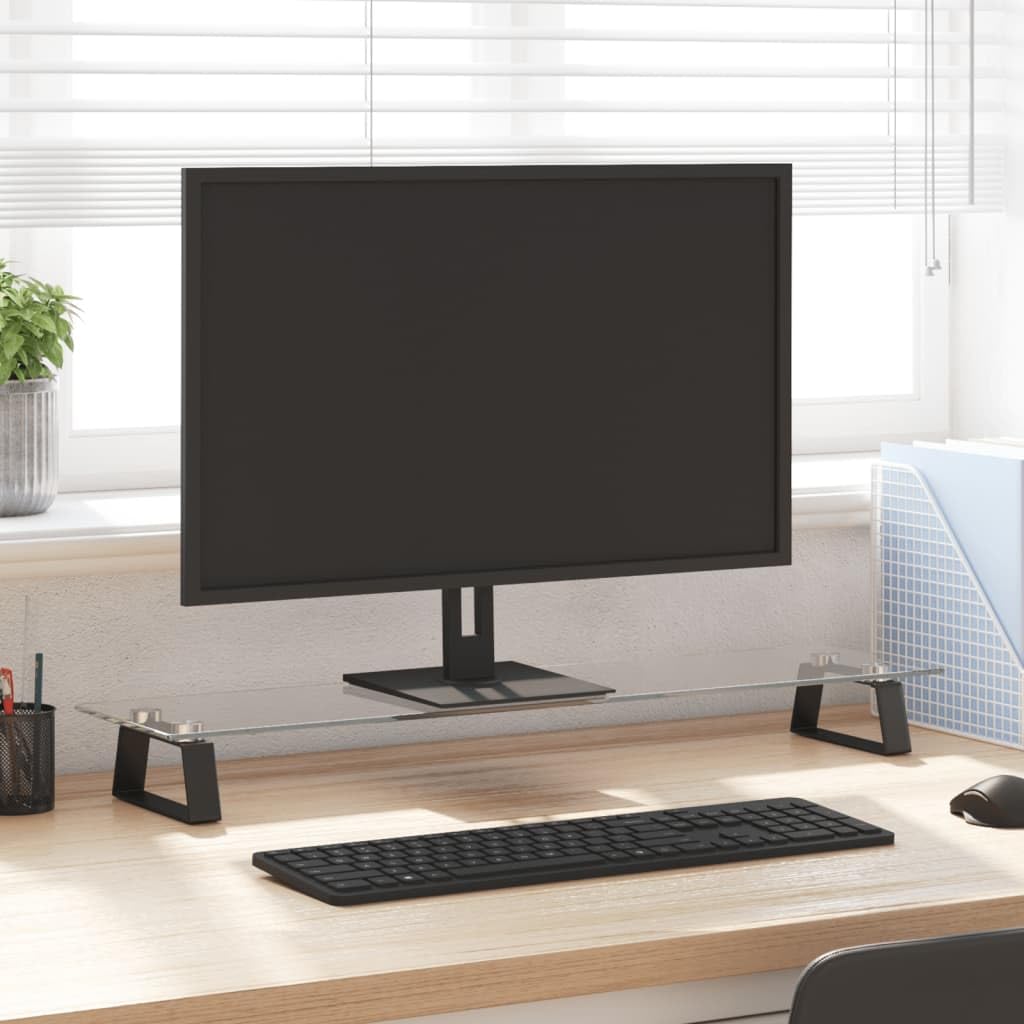 Supporto per monitor nero, 80 x 20 x 8 cm, vetro temperato, metallo, ergonomico, regolabile in altezza, per postazione di lavoro, ufficio, casa, gaming, semplice da scrivania