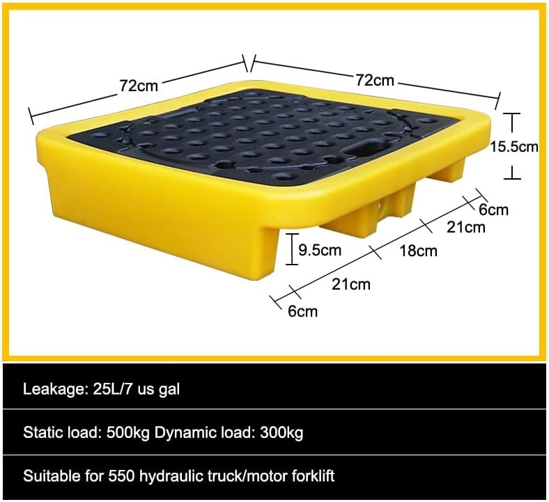 Industrial Spill Containment Platform, Stackable 1/2 Drum Sump Pallet with Drain, Modular Paint Bucket Safety Tray, Detachable Grating, Yellow (72x72x15.5cm)