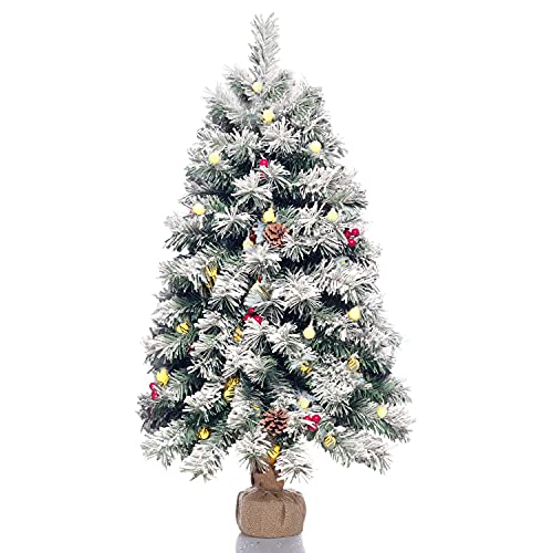 Topro 35inch Artificial Christmas Tree,Xmas Pine Tree Decorated,120 Branch White Snow Tips,7 Real Pine Cones, 10 Red Berries and Christmas Snow Tree,Flocked Snow Trees for Christmas Decorated