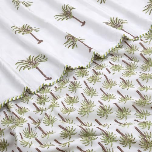 Image of TOAIArt Premium Jaipuri Dohar | AC Blanket Summer Quilt | Hand Block Printed | 3 Layers | Reversible | 150GSM 100% Mulmul Cotton | 100% Cotton Flannel Filling | Queen 90 inch X 108 inch |Small Palm