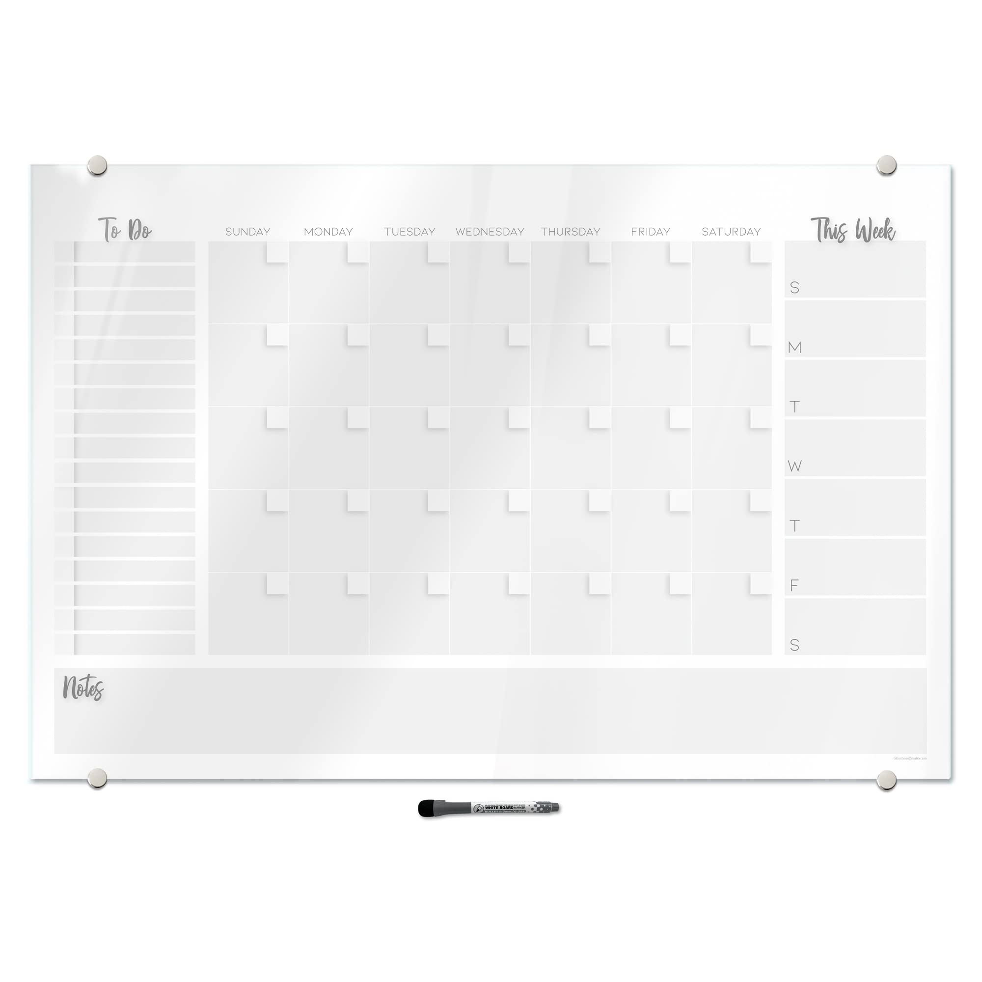 Magnetic Dry Erase Glass Whiteboard All-in-One Calendar Command Center | Fine-Tip Dry Erase Marker Included | 24" x 36" (White)