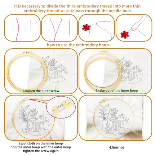 Image of BEUNITONE Kitten Embroidery Kit for Beginenrs Hand Sewing Embroidery Kits with Cat Pattern DIY Embroidery Kit with Kitten Colourful Threads Needles Instructions