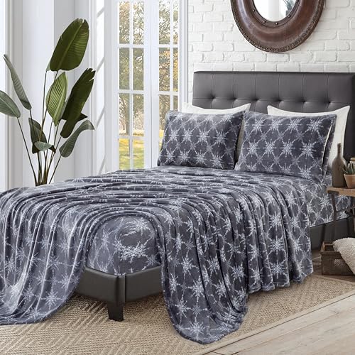 Elegant Comfort Luxuriously Soft 4-Piece Holiday Velvet Plush Flannel Sheet Set - Premium Quality - Cozy Warm, Christmas Fuzzy Velvet Flannel Fleece Deep Pocket Sheet Set - Twin XL, Gray Snowflake