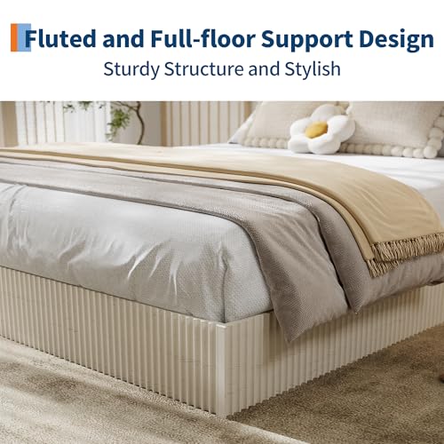Image of GarveeHome Full Size Bed Frame, Wood Platform Bed, Fluted Bed Frame, Minimalist Bed Base with Low Profile Design, Noise-Free, Easy Assembly, No Box Spring Needed, Cream White