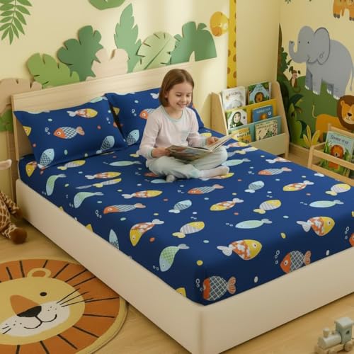 Image of Filymore Kids Blue Fish Elastic Fitted Bedsheet for Double Bed (72x72 inches), Pure Microfiber, 1 Bedsheet & 2 Pillow Covers, Fits Up to 6 inches. Double Bed Size. (Blue and Yellow)