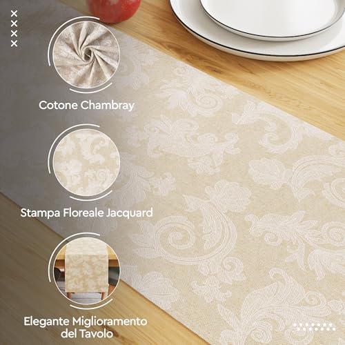 Encasa XO Dining Table Runner per 4 seater I Dimensione 32x150 cm | Florale Beige Jacquard Style Stampa su cotone casalingo | Colori veloci, lavabili in lavatrice - immagine 3