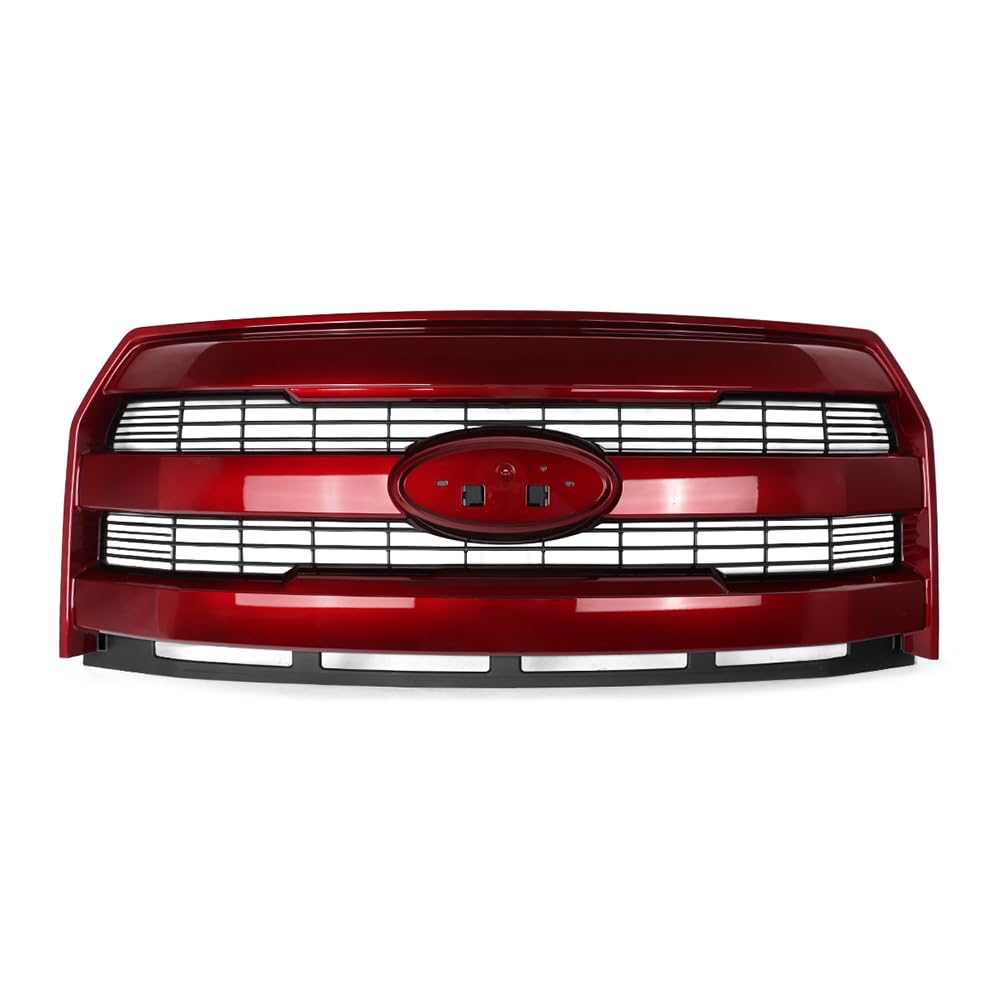 MIC Front Grille Grill Assembly Compatible with 2015-2017 F-150 F150 Lariat W/O Camera Hole (Ruby Red Trim)