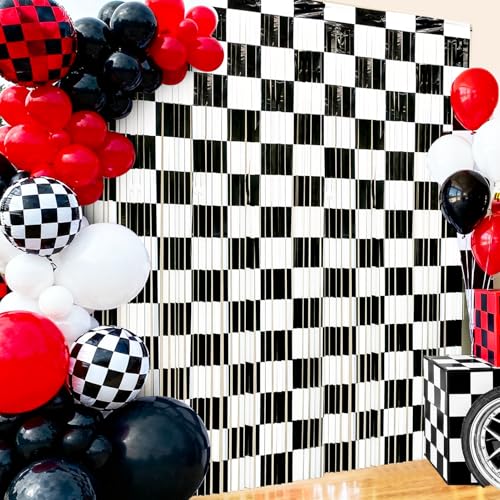 Image of 2 Packs Race Car Foil Fringe Curtain, Black White Checkered Glitter Metallic Tinsel Backdrop for Birthday, Baby Shower, Racing Car Truck One Happy Dude Party Decorations Supplies