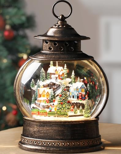 Gorrzai Village Snow Globe 12 Inch Christmas Snow Globe Lantern, Lighted Christmas Decorations Indoor with Music Timer Glitter, Navidad Musical Train Snowglobe Home Decor, USB or Battery Operated
