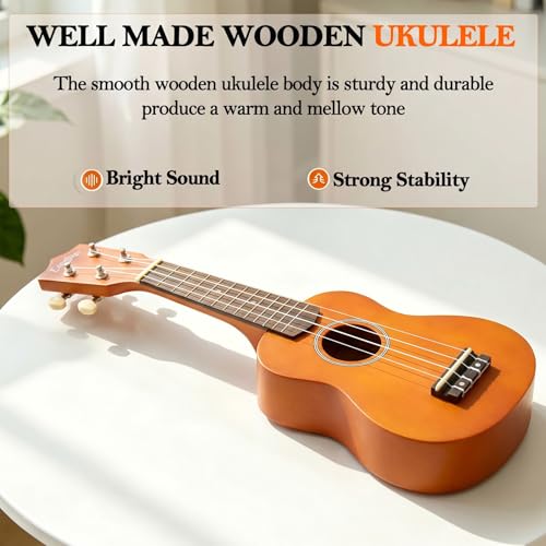 Image of Everjoys Soprano Ukulele Beginner Kit 21 Inch w /Free Online Lesson Gig Bag Tuner Picks Strap, Fast to Learn (Honey)