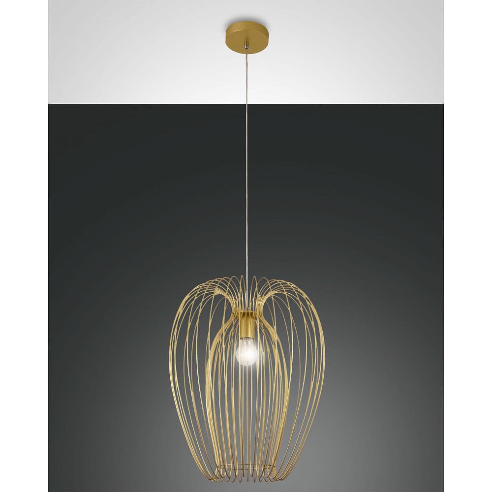 Modern industrial design, metal frame, matt gold colour, E27 socket, ideal for indoor lighting.