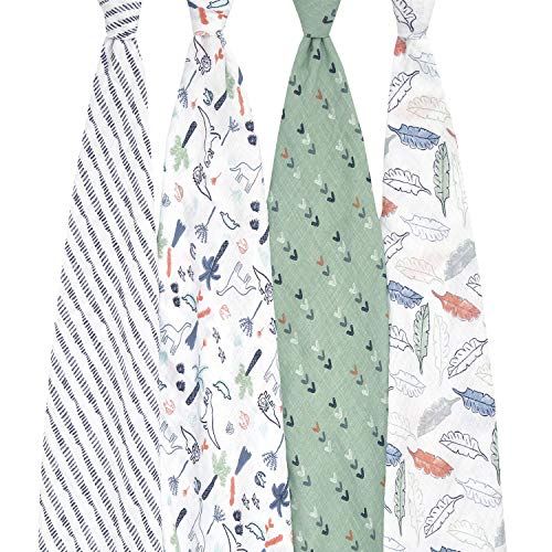 Image of Aden + Anais Swaddle Blanket | Boutique Muslin Blankets for Girls & Boys | Baby Receiving Swaddles | Ideal Newborn & Infant Swaddling Set | Perfect Shower Gifts, 4 Pack, Dinotime