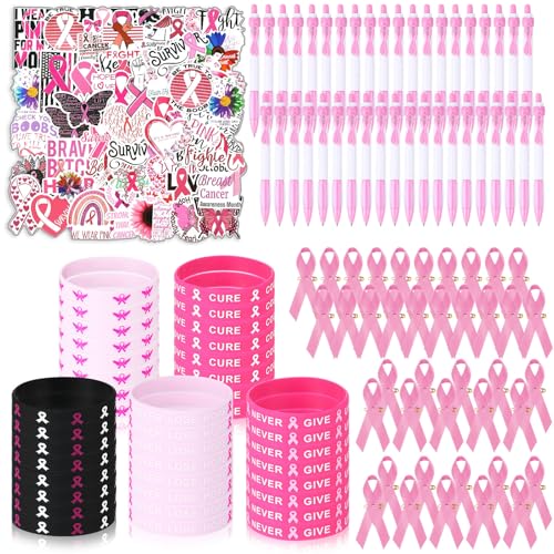 MotiMind 170 Pcs Breast Cancer Awareness Set Include Ink Pens Ribbon Silicone Bracelets Stickers Breast Cancer Awareness Items Gifts for The People Care About Women
