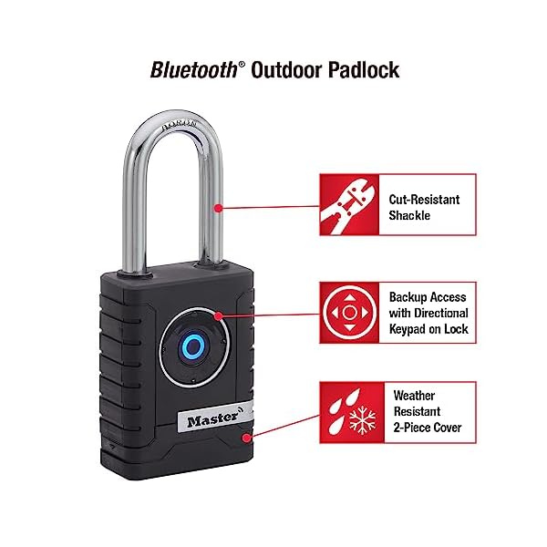 Master Lock Black Outdoor Bluetooth Smart Padlock with Keypad, Smart Locks for Tools, Gates, Sheds, 2-7/32 inches Wide, 4401LHEC - Image 3