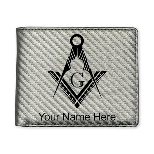 LaserGram Faux Leather Bi-Fold Wallet, Freemason Symbol, Personalized Engraving Included (Carbon Fiber Silver)