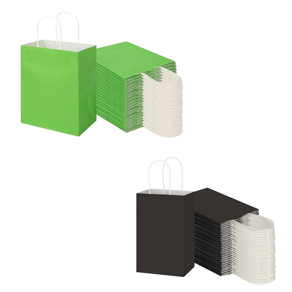 Toovip Each 100 Pack Medium Green & Small Black Kraft Paper Gift Wrap Bags with Handles Bulk