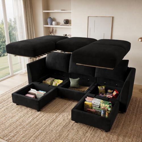 Image of HONBAY Modular Sectional U Shaped Sofa with Storage,Black