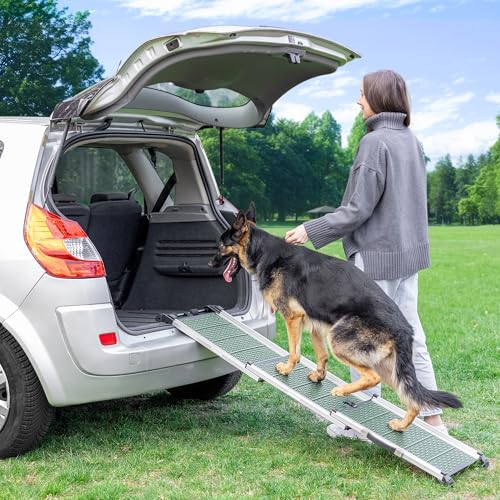 Hunderampe Auto Klappbar - Stabile und rutschfeste Hundeleiter Auto & SUV bis zu 90kg Belastbar - Teleskop Alu Rampe für große Hunde - Reflektierende Seiten - Hundetreppe - Befestigungsclip - Grün