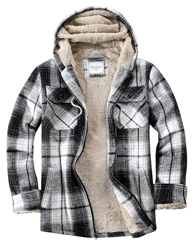 Veusna Men's Flannel Jacket Sherpa Lined Zip Up Hoodie Black S at