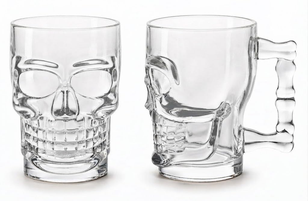 Nobel Cello Skull Shape Beer Glass Mug, Crystal Clear, Set of 2